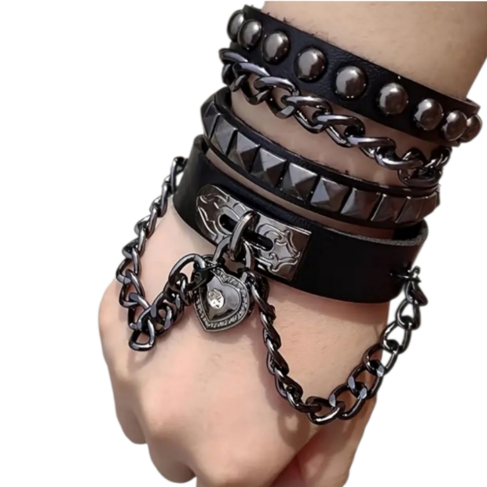 Black Chain and Studded Bracelet Set